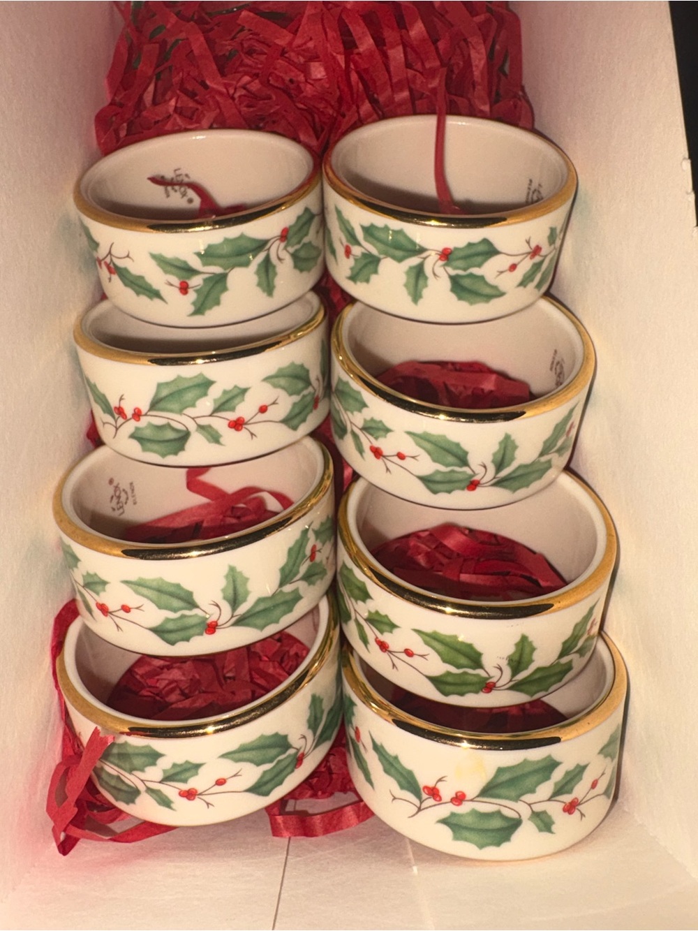 Lenox White, Green and Red Holly Napkin Rings with Gold Trim - Set of 8